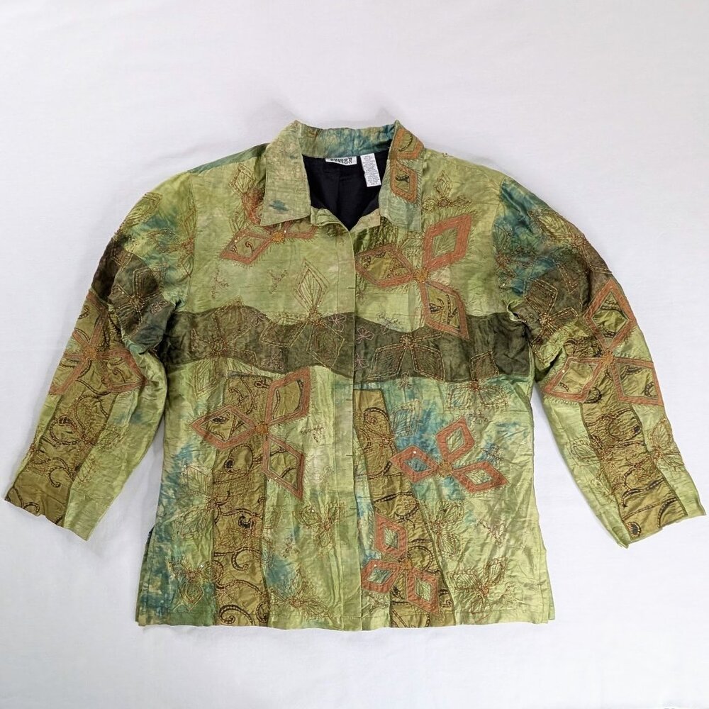 VTG Chico's Art To Wear Silk Green Abstract Button Up Collared Shirt Jacket